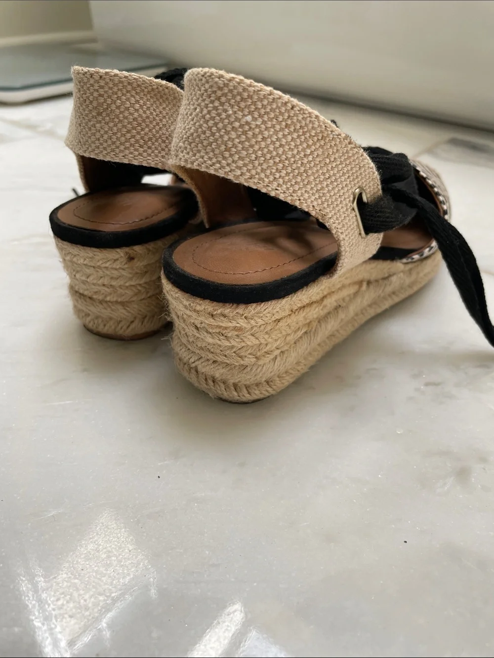 H&M Black and Cream Woven Espadrille Wedge Sandals with Ankle Ties
